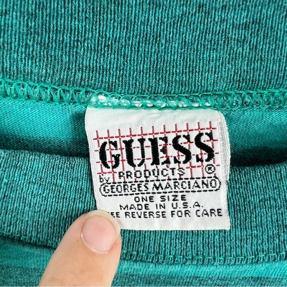 VTG Guess Knitwear USA Green Striped Embroidered Boxy Cotton T-Shirt One Size - Picture 4 of 5